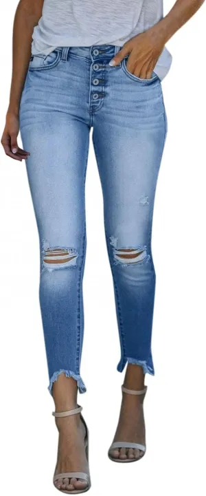 WUAI Women's High Waisted Butt Lift Stretch Ripped Skinny Jeans Classic Slim Fit Distressed Denim Pencil Pants