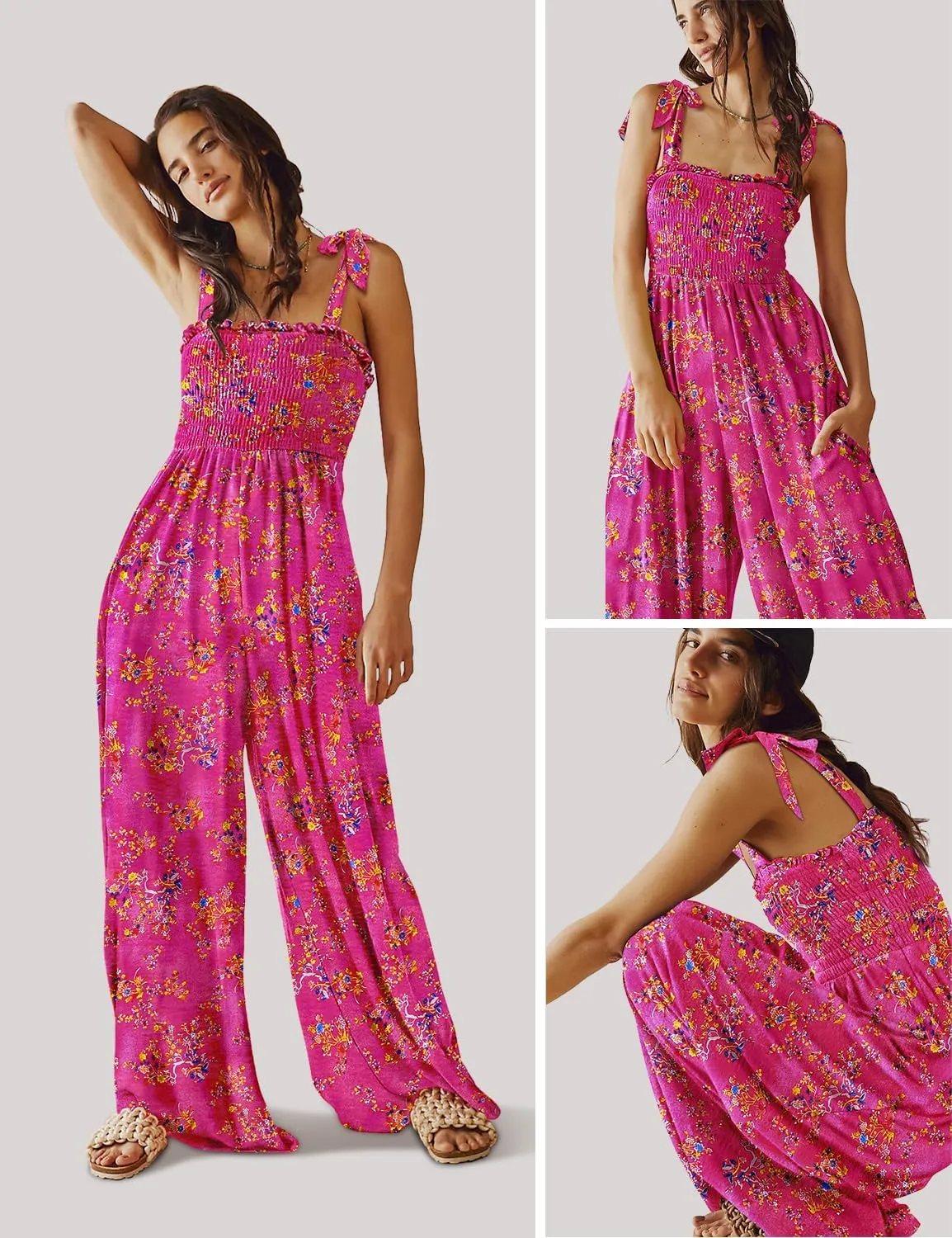 YESNO Women's Casual Overalls Summer Tie Shoulder Smocked Floral Wide Leg Jumpsuits Baggy Rompers with Pockets PZE