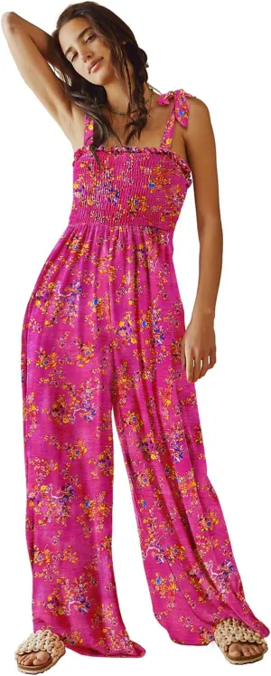 YESNO Women's Casual Overalls Summer Tie Shoulder Smocked Floral Wide Leg Jumpsuits Baggy Rompers with Pockets PZE
