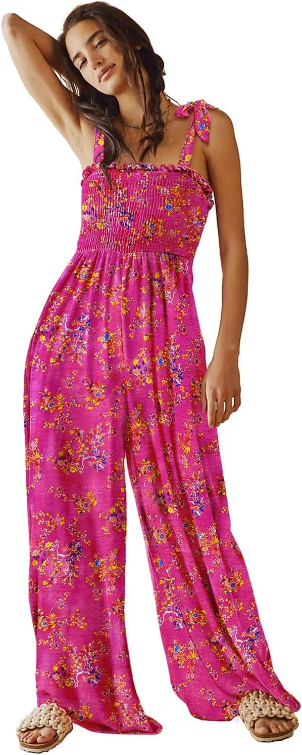YESNO Women's Casual Overalls Summer Tie Shoulder Smocked Floral Wide Leg Jumpsuits Baggy Rompers with Pockets PZE