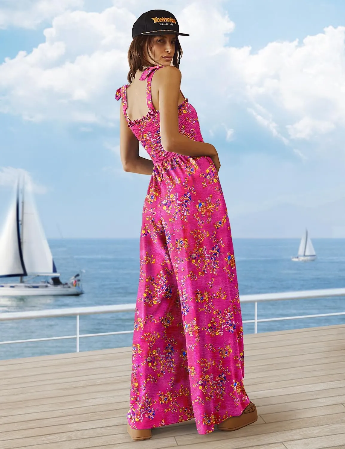 YESNO Women's Casual Overalls Summer Tie Shoulder Smocked Floral Wide Leg Jumpsuits Baggy Rompers with Pockets PZE