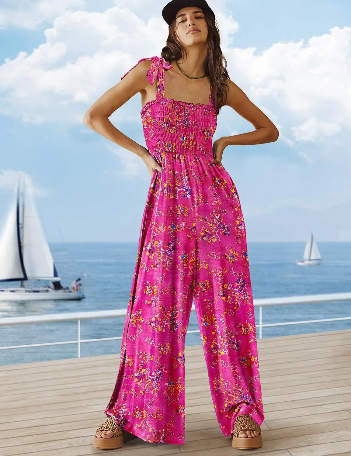 YESNO Women's Casual Overalls Summer Tie Shoulder Smocked Floral Wide Leg Jumpsuits Baggy Rompers with Pockets PZE