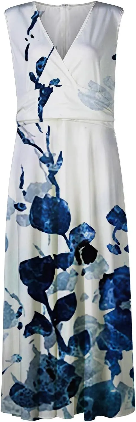 Yesunpxs Dresses for Women 2024 Sleeveless Flowy Ruched Maxi Dress Wrap V Neck Floral Printed Beach Dresses Boho Sundresses