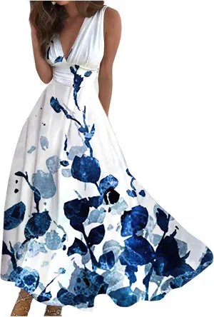 Yesunpxs Dresses for Women 2024 Sleeveless Flowy Ruched Maxi Dress Wrap V Neck Floral Printed Beach Dresses Boho Sundresses