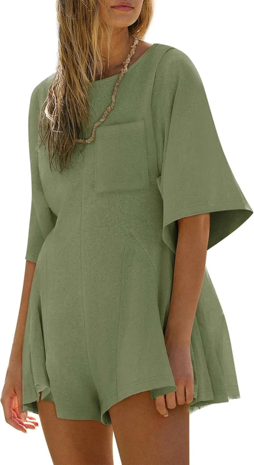 Yousify Rompers for Women 2025 Spring Outfits Summer Casual Short Sleeve Crew Neck Loose Jumpsuits with Pocket