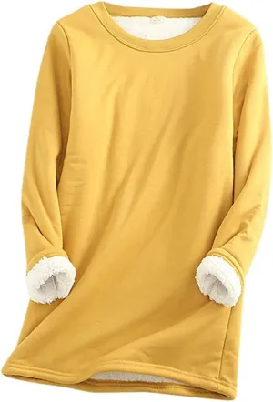 YRAETENM Fleece Sweatshirts for Women Winter Warm Sherpa Lined Crewneck Pullover Loungewear Soft Comfy Long Sleeve Tunic Tops
