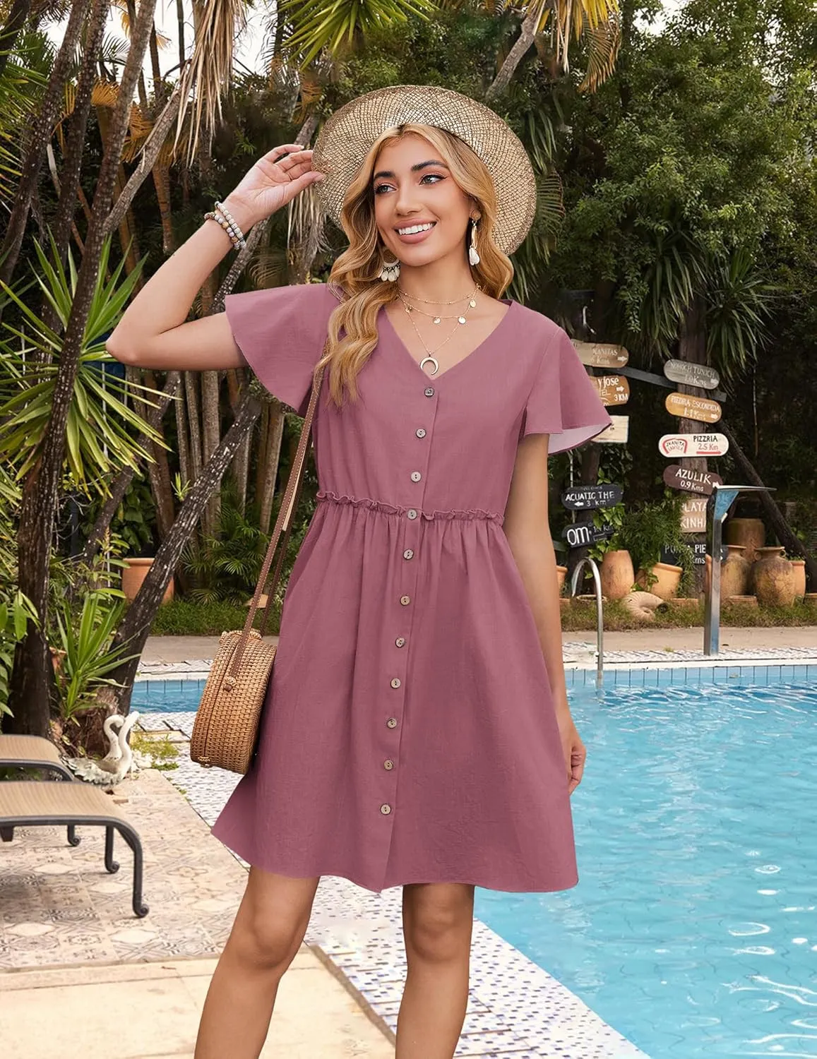 Zeagoo Summer Dress with Flutter Sleeves - Cotton Linen Beach A Line Casual Dress