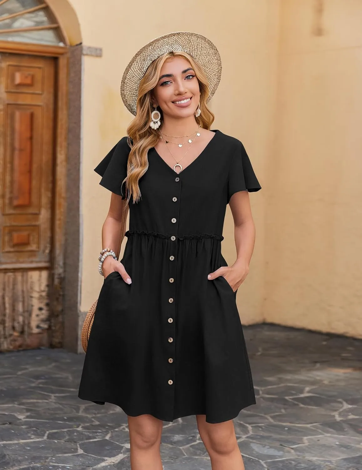 Zeagoo Summer Dress with Flutter Sleeves - Cotton Linen Beach A Line Casual Dress
