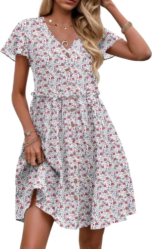 Zeagoo Summer Dress with Flutter Sleeves - Cotton Linen Beach A Line Casual Dress