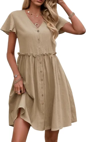 Zeagoo Summer Dress with Flutter Sleeves - Cotton Linen Beach A Line Casual Dress
