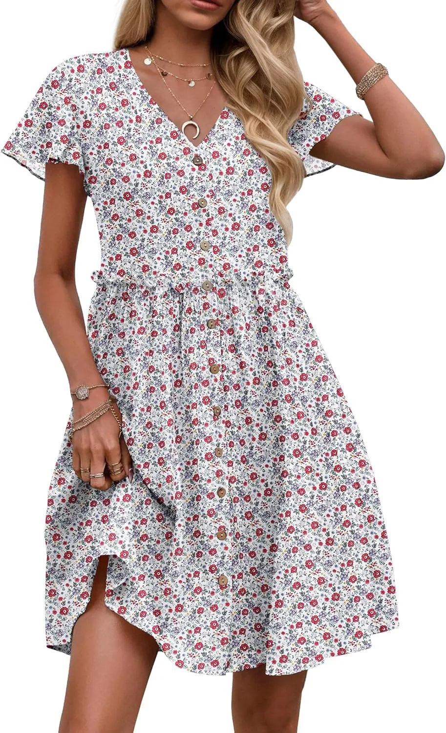 Zeagoo Summer Dress with Flutter Sleeves - Cotton Linen Beach A Line Casual Dress
