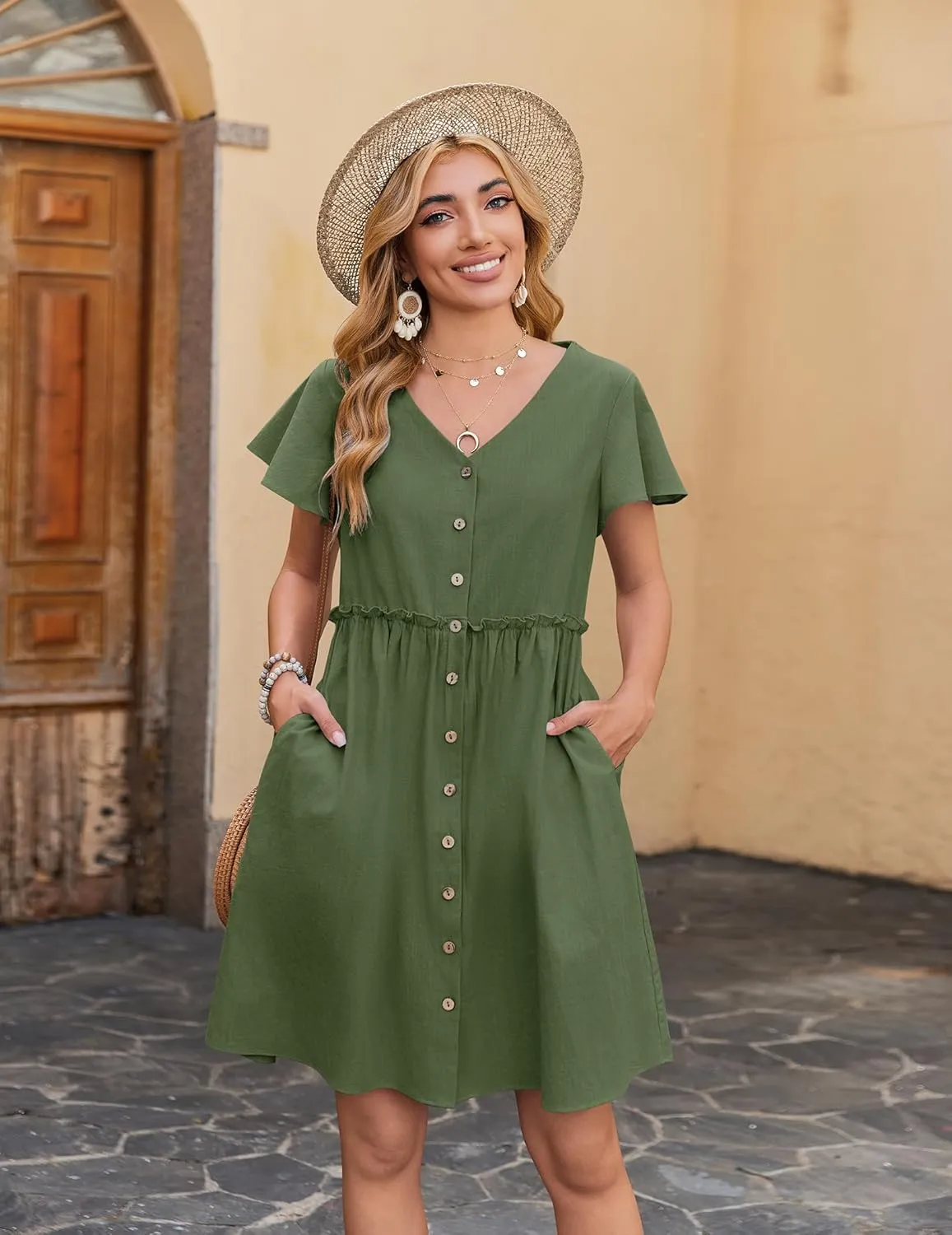 Zeagoo Summer Dress with Flutter Sleeves - Cotton Linen Beach A Line Casual Dress