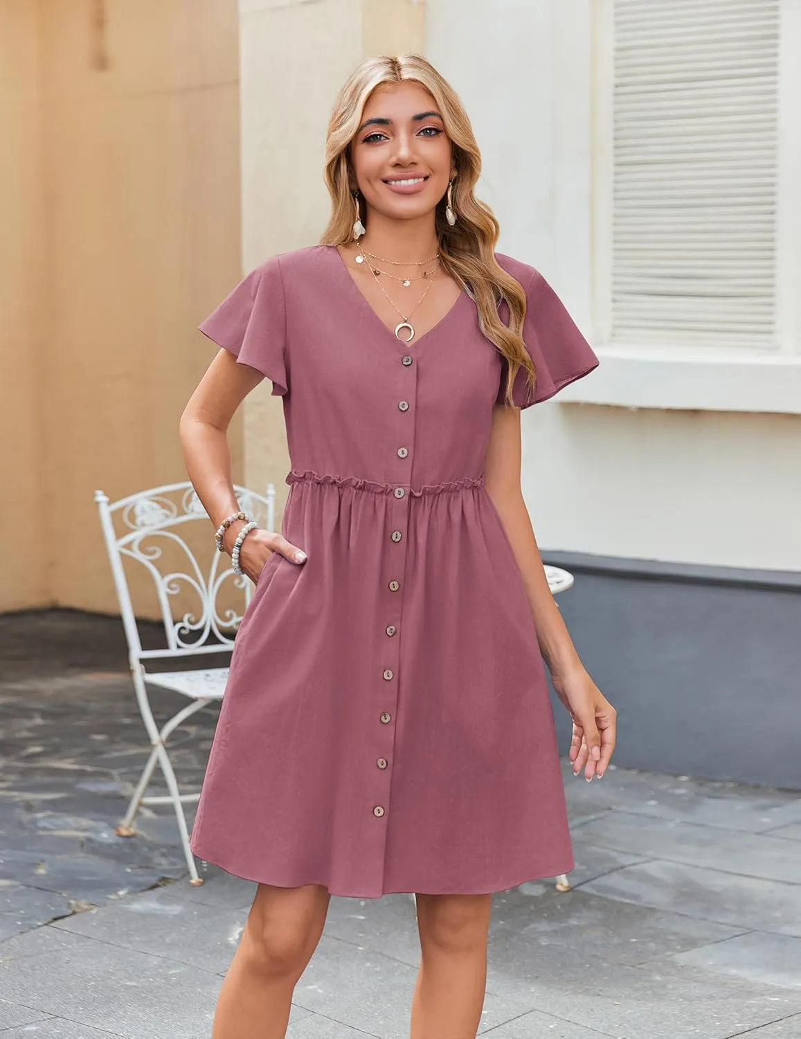 Zeagoo Summer Dress with Flutter Sleeves - Cotton Linen Beach A Line Casual Dress
