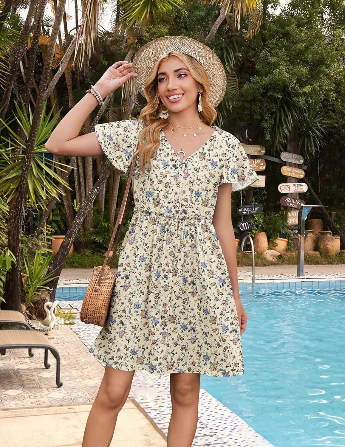 Zeagoo Summer Dress with Flutter Sleeves - Cotton Linen Beach A Line Casual Dress