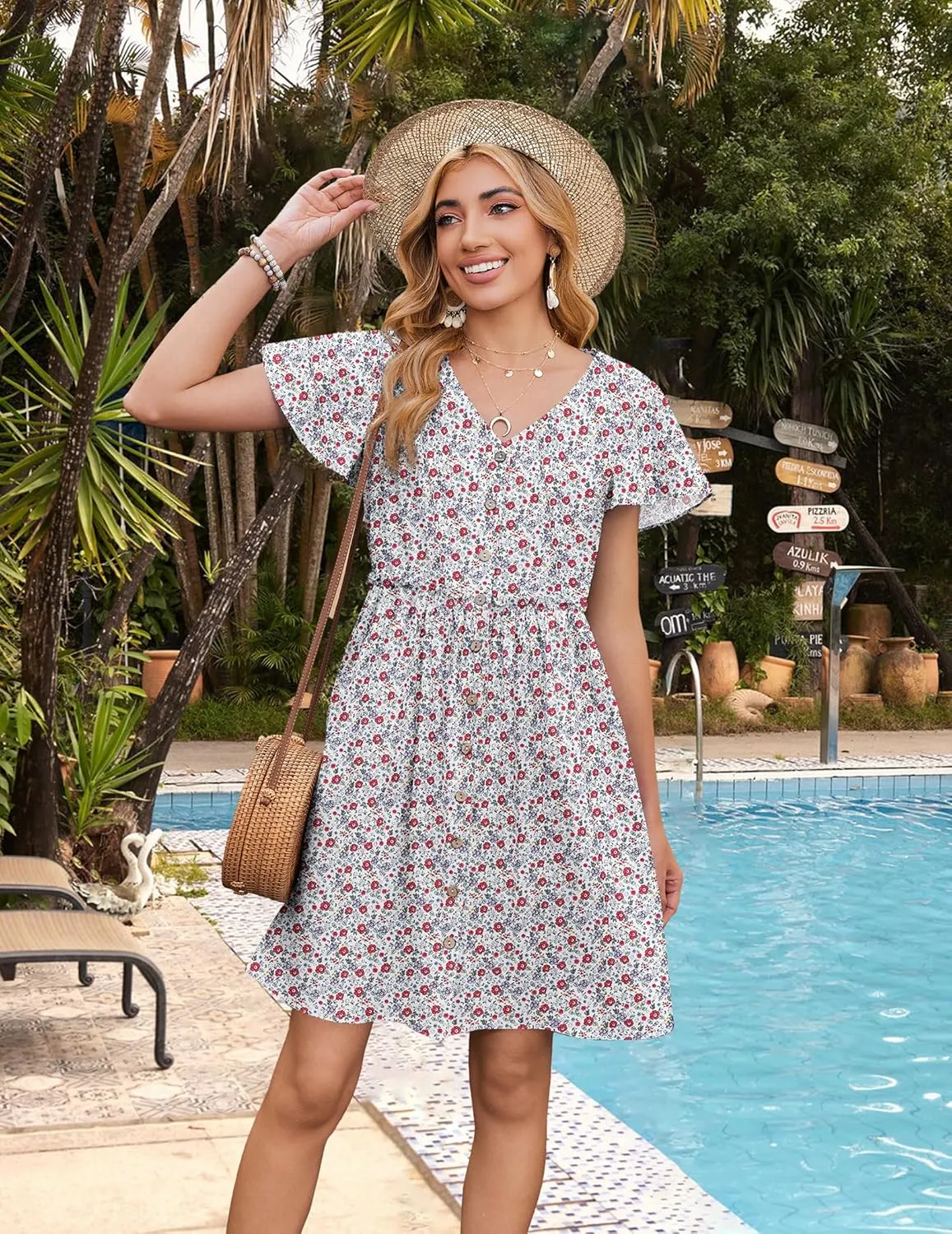 Zeagoo Summer Dress with Flutter Sleeves - Cotton Linen Beach A Line Casual Dress