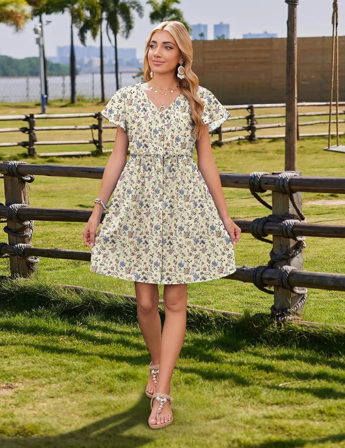 Zeagoo Summer Dress with Flutter Sleeves - Cotton Linen Beach A Line Casual Dress