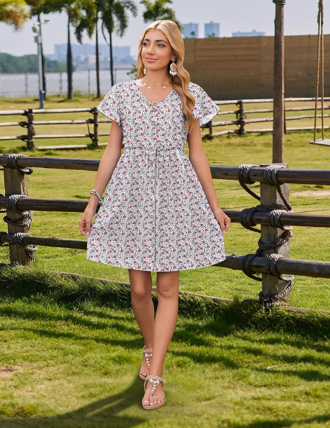 Zeagoo Summer Dress with Flutter Sleeves - Cotton Linen Beach A Line Casual Dress