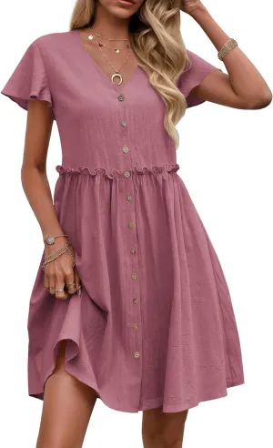 Zeagoo Summer Dress with Flutter Sleeves - Cotton Linen Beach A Line Casual Dress