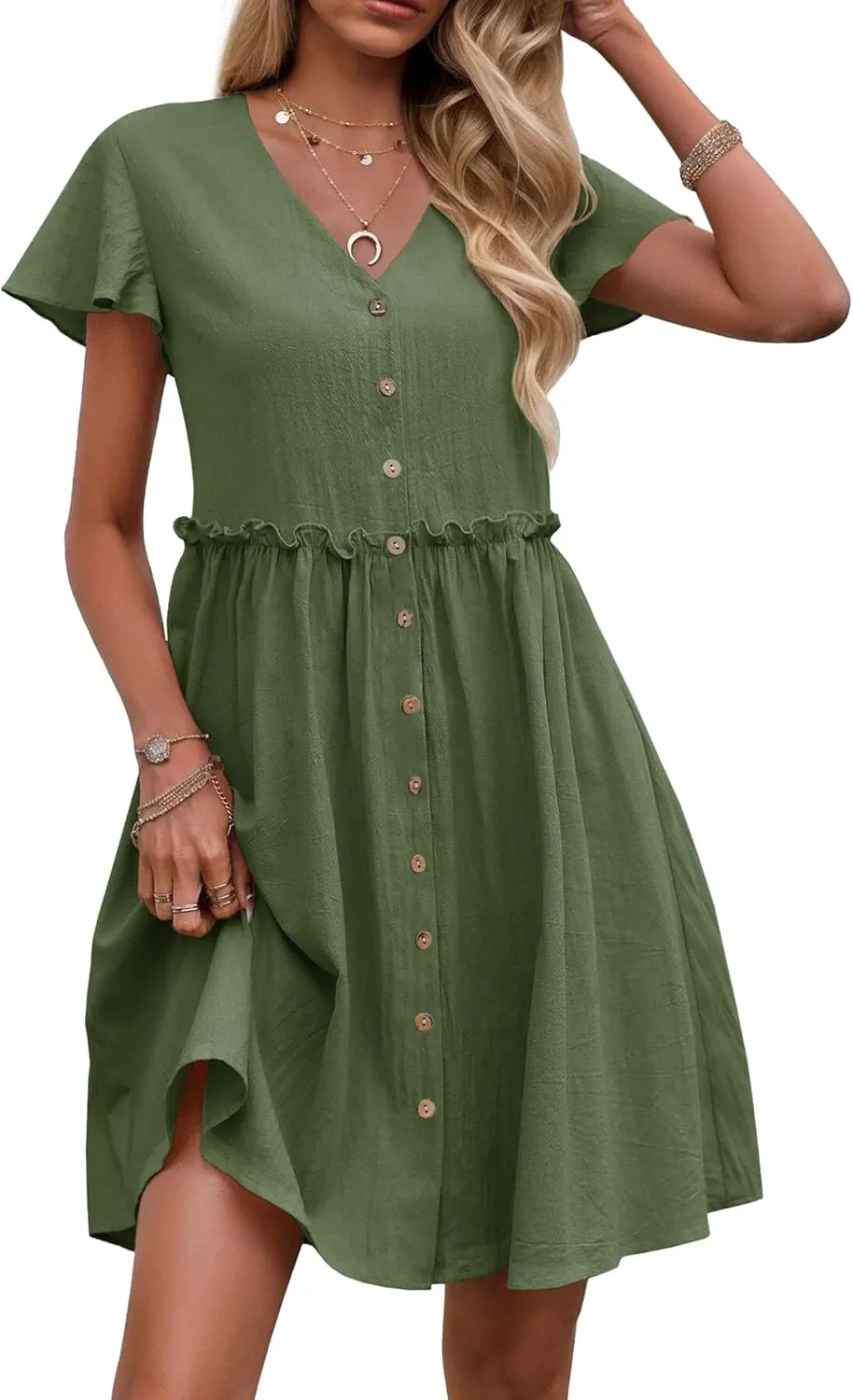 Zeagoo Summer Dress with Flutter Sleeves - Cotton Linen Beach A Line Casual Dress