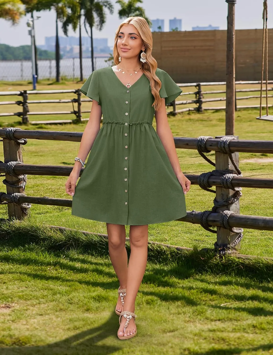 Zeagoo Summer Dress with Flutter Sleeves - Cotton Linen Beach A Line Casual Dress