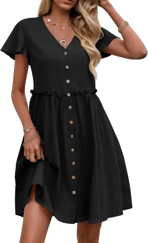 Zeagoo Summer Dress with Flutter Sleeves - Cotton Linen Beach A Line Casual Dress