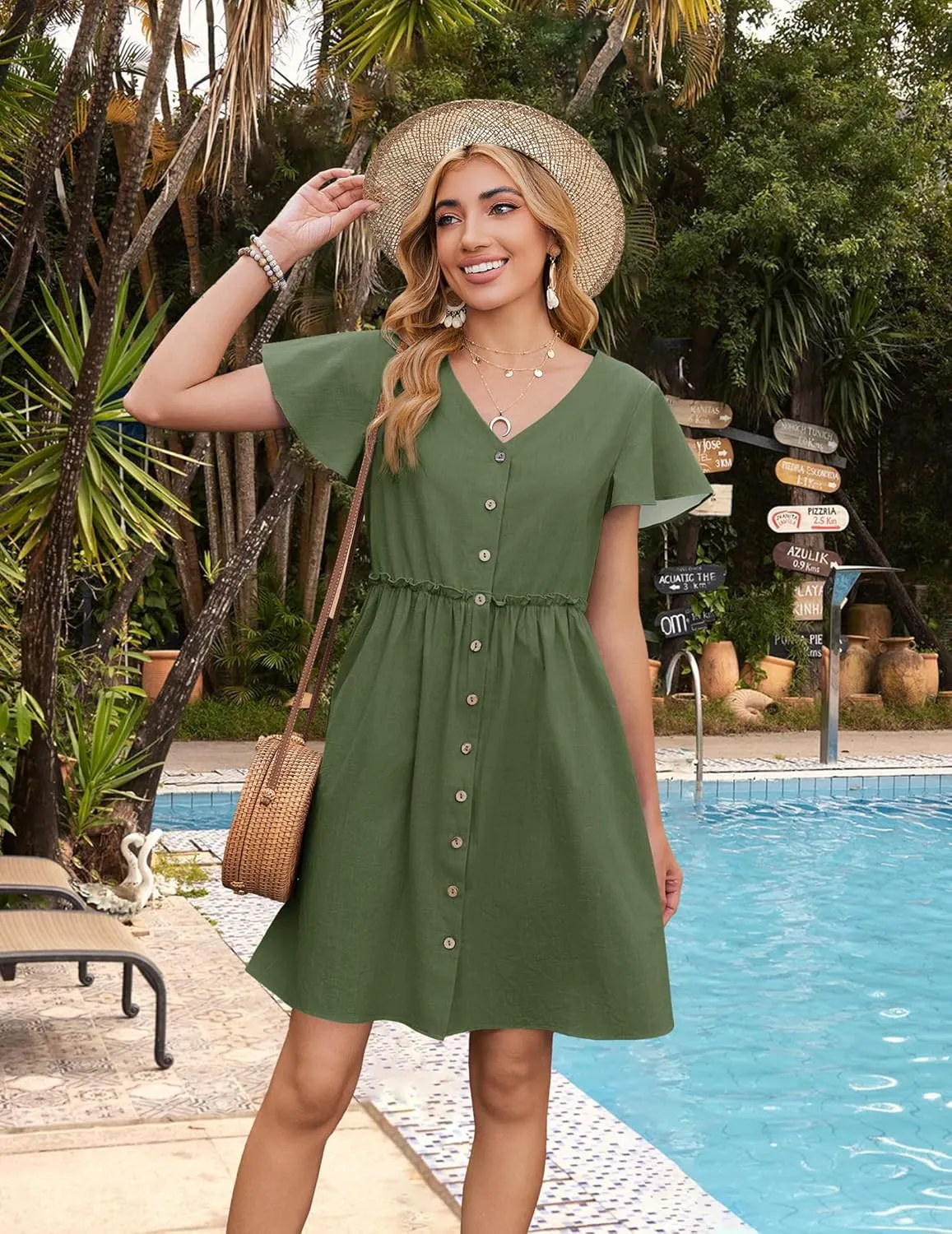 Zeagoo Summer Dress with Flutter Sleeves - Cotton Linen Beach A Line Casual Dress