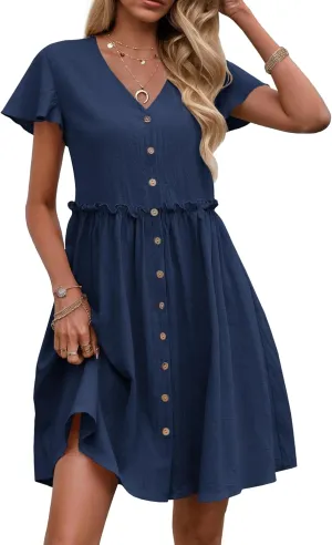 Zeagoo Summer Dress with Flutter Sleeves - Cotton Linen Beach A Line Casual Dress