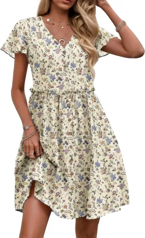 Zeagoo Summer Dress with Flutter Sleeves - Cotton Linen Beach A Line Casual Dress