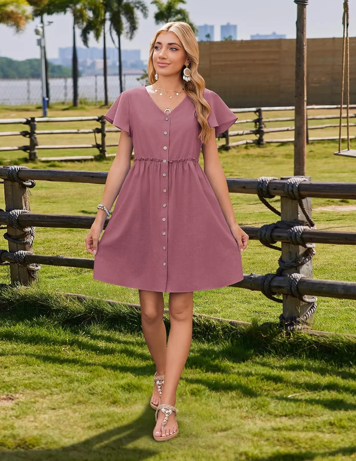 Zeagoo Summer Dress with Flutter Sleeves - Cotton Linen Beach A Line Casual Dress